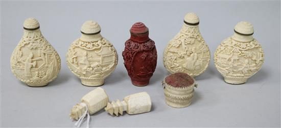 A small collection of Chinese faux ivory and other snuff bottles, etc.